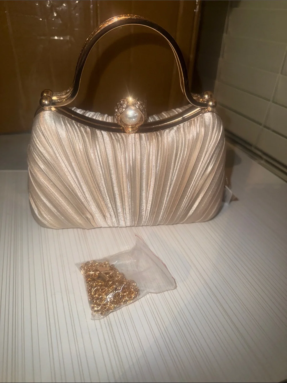 Elegant Pearl-Accent Satin Evening Bag in Champagne